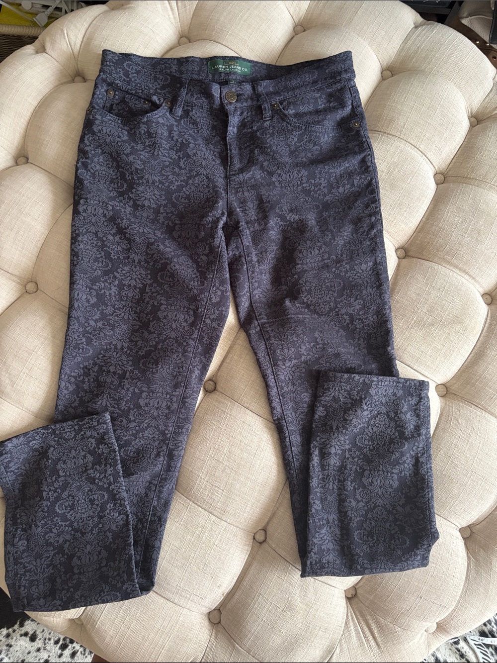 Lauren Ralph Lauren Navy Damask-Print Skinny Jeans
